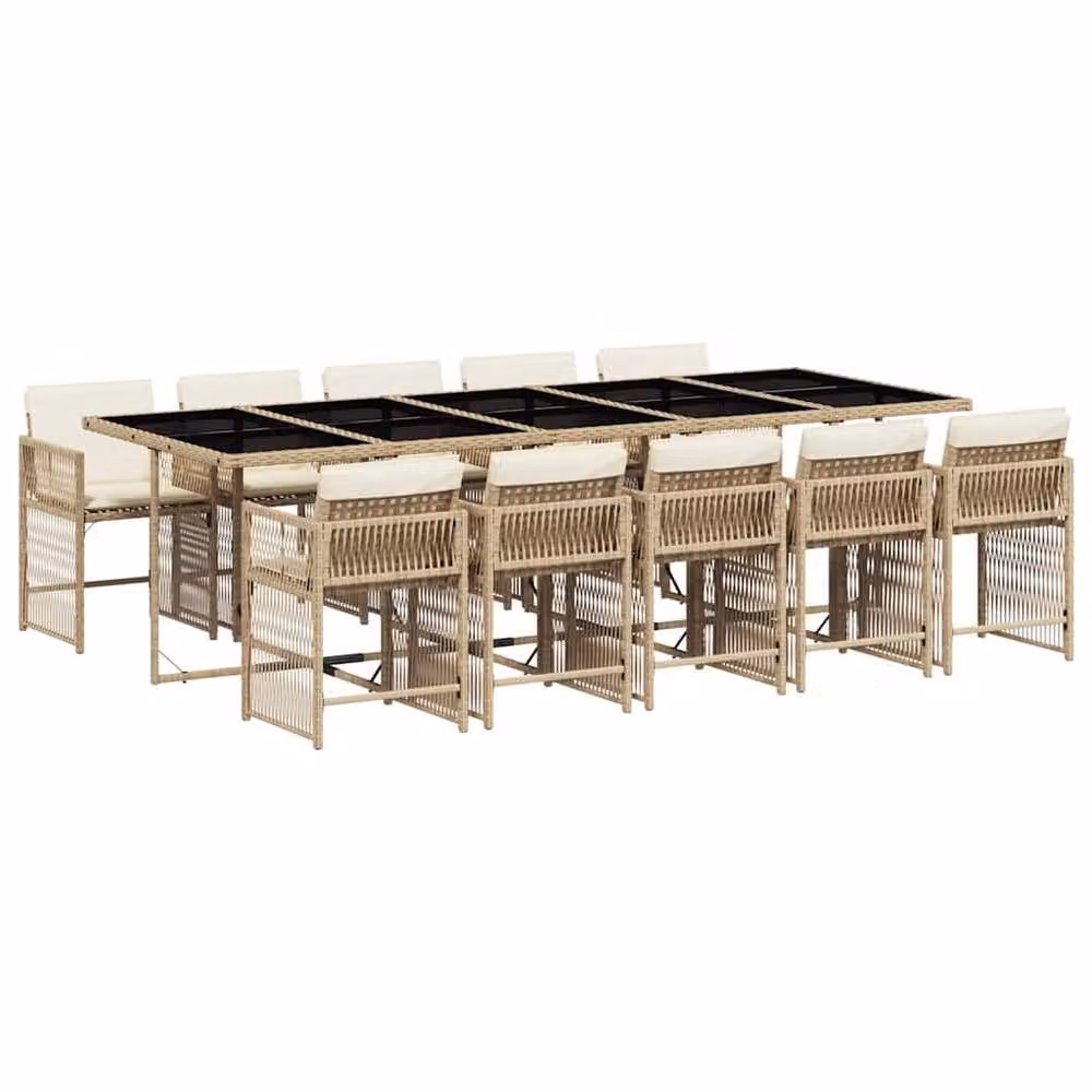 Berkfield Home 11 Piece Beige Poly Rattan Garden Dining Set with Cushions and Glass Tabletop – 2