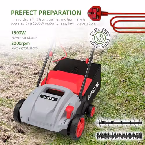Netta 1500W Electric Lawn Scarifier and Aerator in Grey and Red with 320mm Working Width and 30L Collection Box – 2