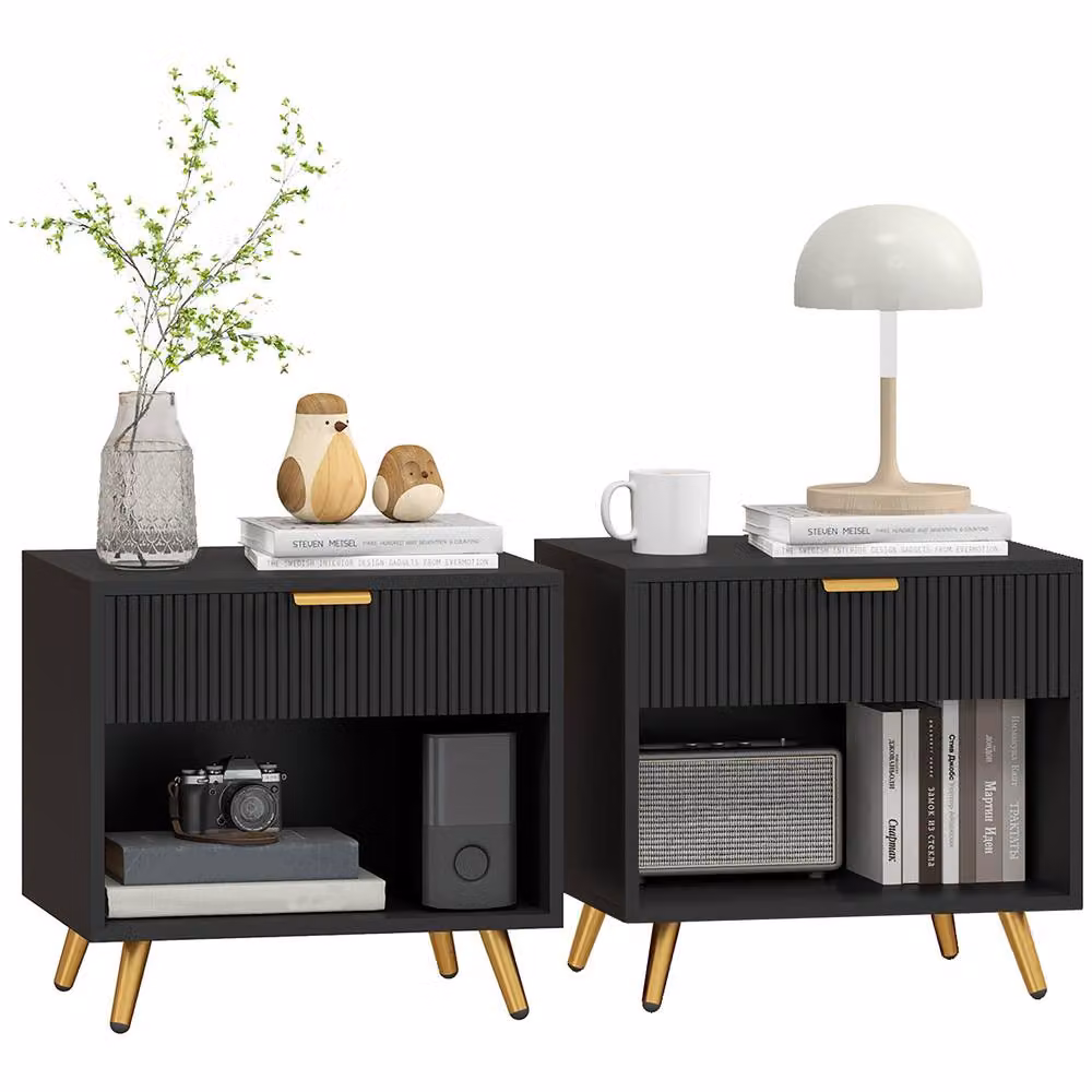 HOMCOM Set of 2 Modern Black and Gold Bedside Tables with Media Compartments – 2