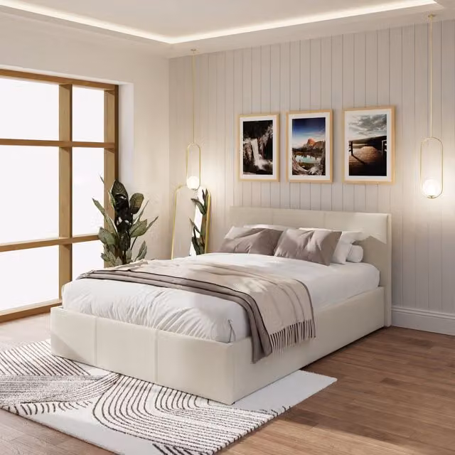 GFW Modern Upholstered End Lift Ottoman Bed in Beige and Orange, W/D/H: 120 x 200 cm