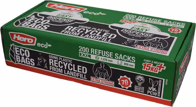 Hero Heavy Duty Bin Bags, 70L, Black, Box of 200