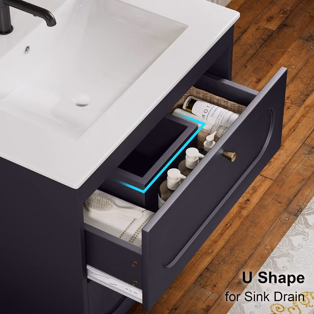 KEEPREAPER Wall Mounted Bathroom Vanity Unit with Ceramic Sink and 2 Drawers, Dark Grey and Gold – 4