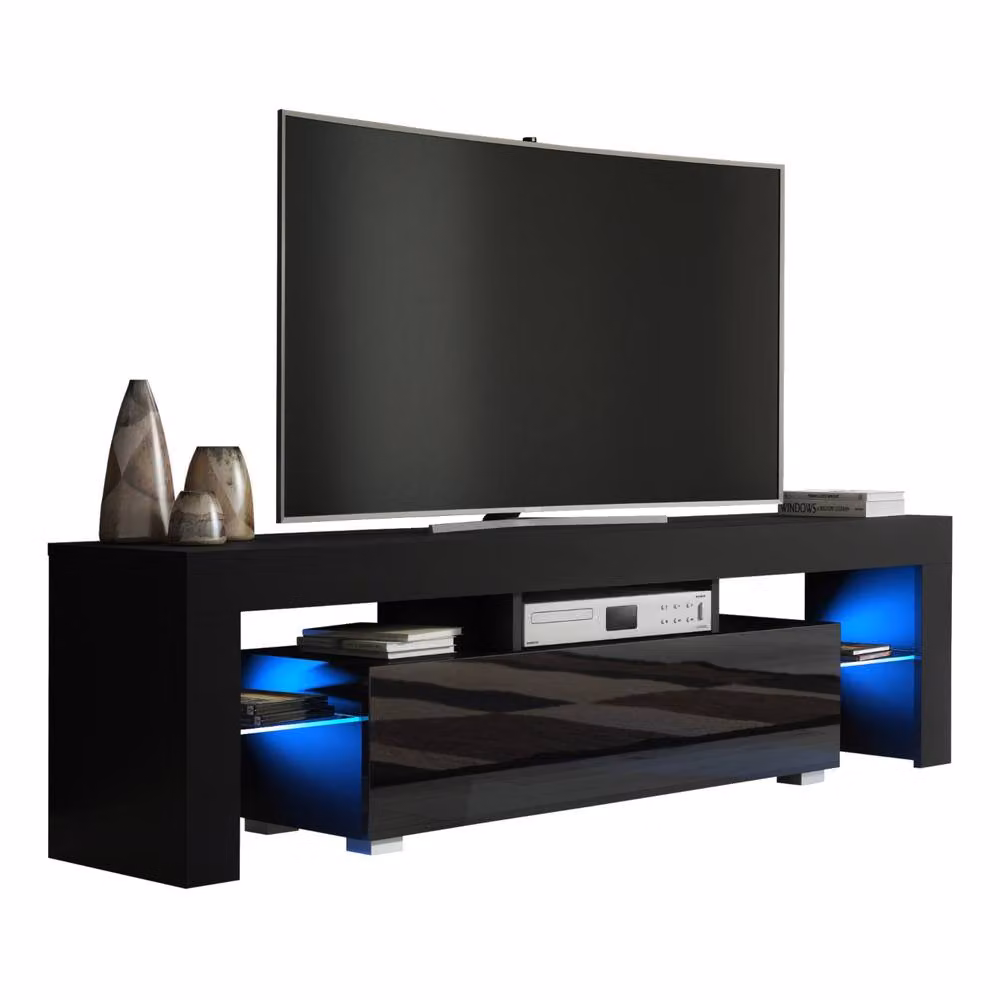 Creative Furniture Aria TV Unit, Black with Glossy Doors and LED Lights, W: 160 cm, D: 35 cm, H: 45 cm – 3