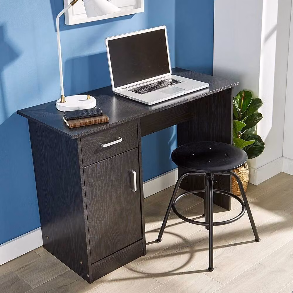 FORGEVIO Black Compact Computer Workstation Office Desk with 1 Drawer and 1 Door – 2