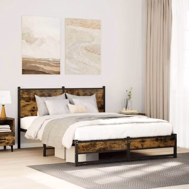 Berkfield Home Metal Bed Frame in Smoked Oak Brown, W/D/H: 150 x 200 cm, King Size