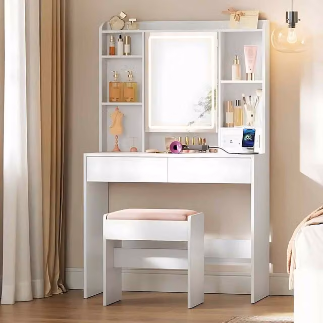 The Bazaarist Cloud White Makeup Dressing Table with Hollywood LED Mirror and 2 Drawers