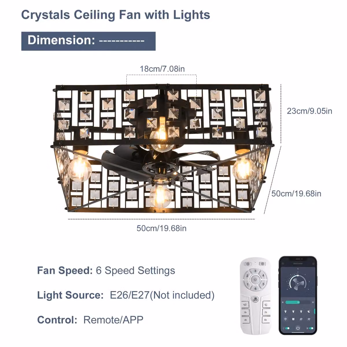 Garwarm 7-Blade Ceiling Fan with Remote Control and Light Kit, Black, Diameter: 50 cm – 4