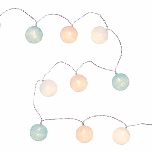 Lights4fun 20 Pastel Cotton Ball Fairy String Lights with Warm White LEDs, Battery Operated with Timer, 2.85m, Available in White, Blue, Pink or Multicolour – 2