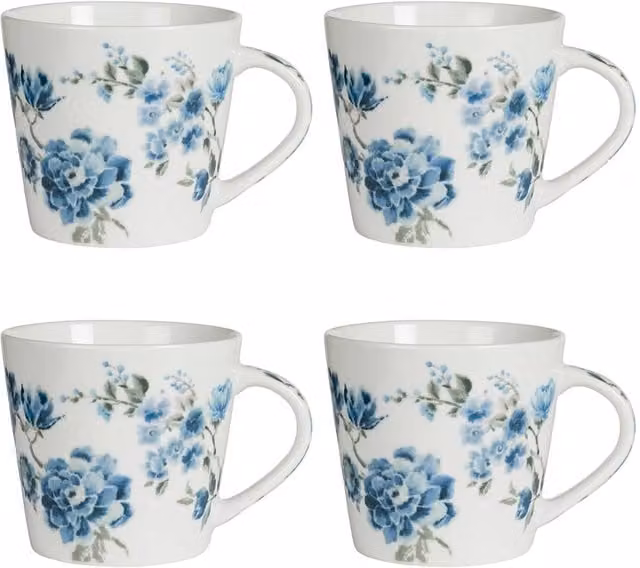 Designers Guild Set of 4 Kyoto Floral Porcelain Mugs, Multicolour and White, 420ml each