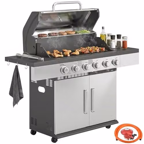 Outsunny 6 Burner Propane Gas BBQ Grill with Warming Rack, Thermometer and Wheels, Silver – 1