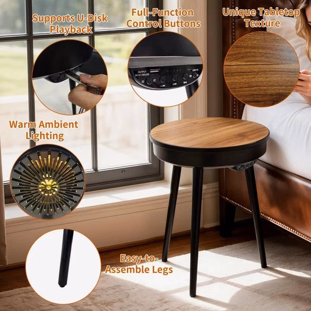FLAVORA Walnut Portable Smart Side Table with Bluetooth Speaker in Brown, W/D/H: 100 x 80 x 80 cm – 3