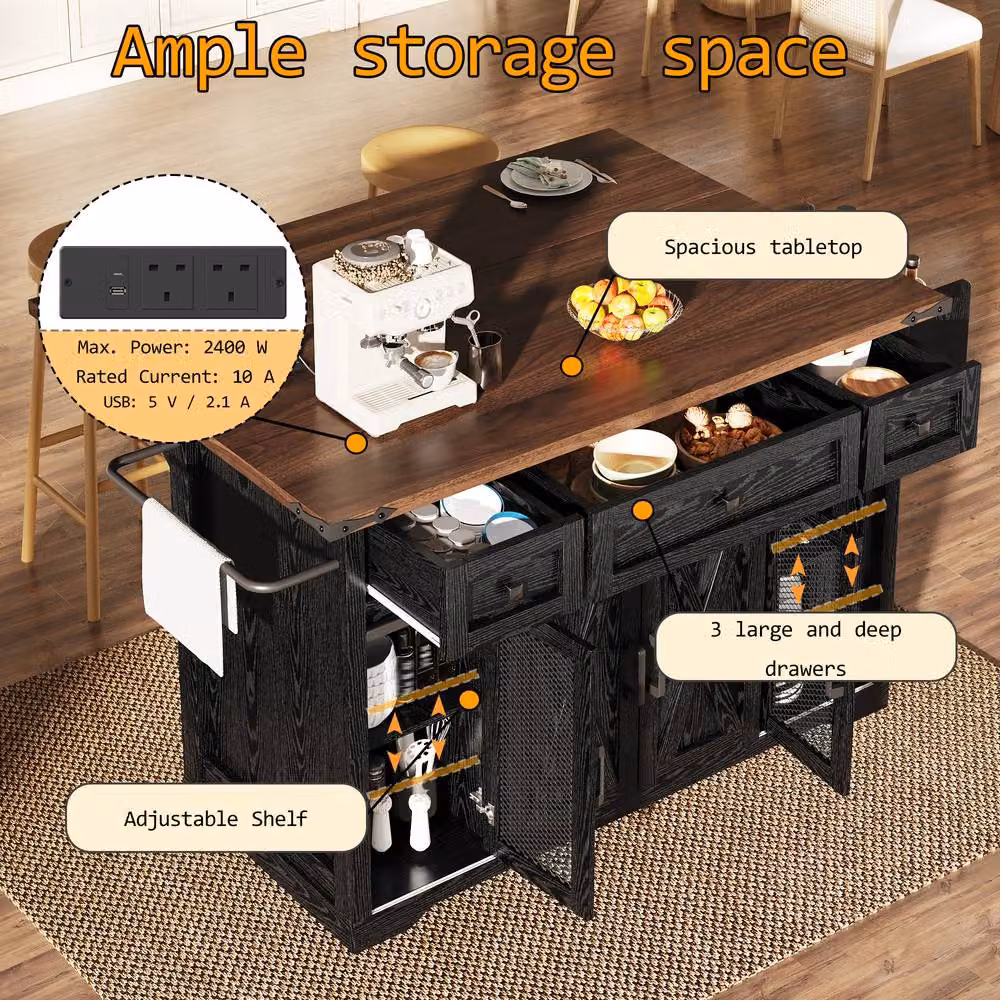 Rolipo Farmhouse Kitchen Island Trolley with Power Sockets and Drop Leaf in Black – 5
