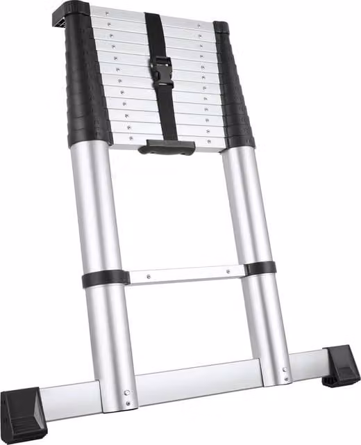 tectake 13-Step Telescopic Aluminium Ladder with Non-Slip Rubber Feet in Silver, 3.85 m – 1