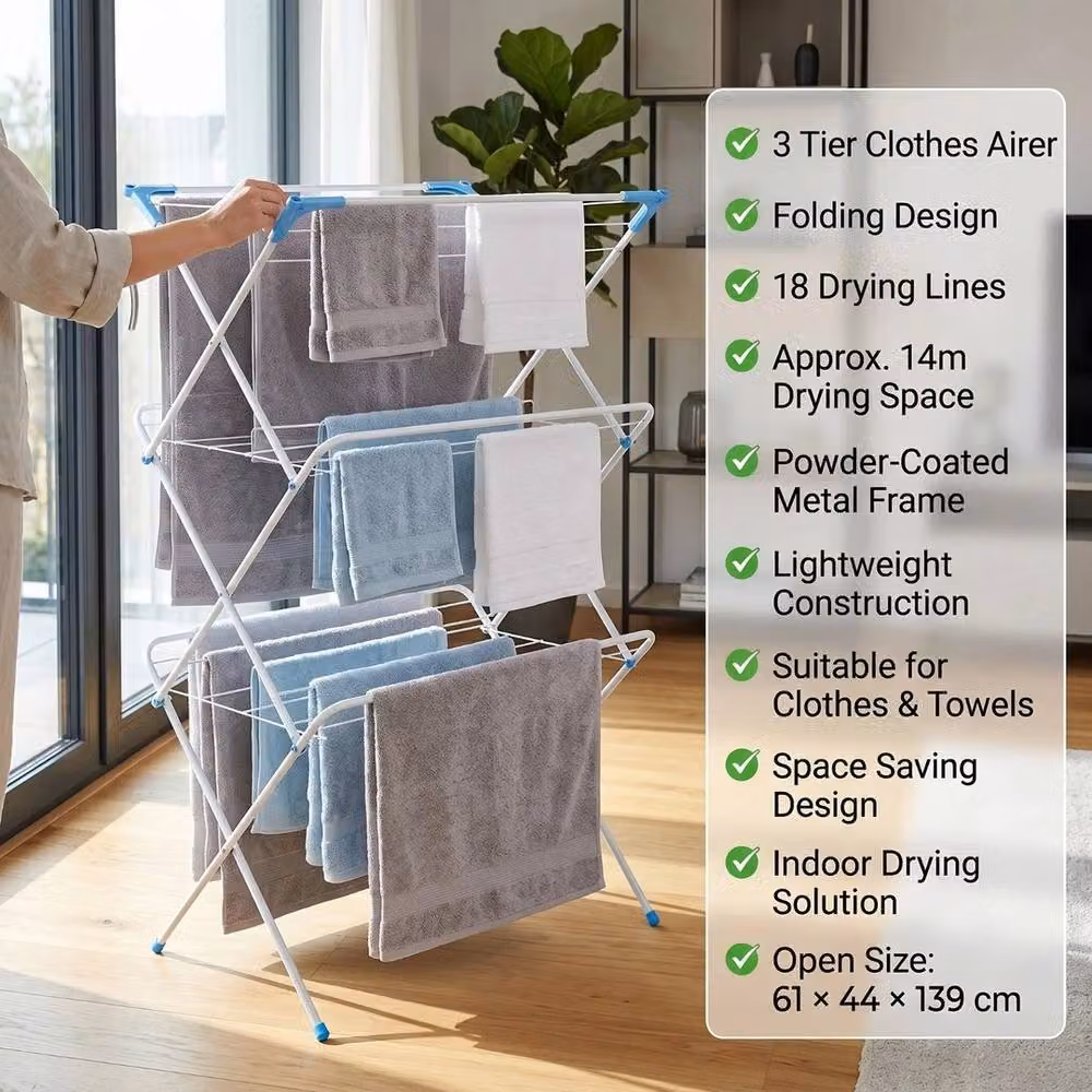VOGREX 3-Tier Foldable Metal Clothes Airer with 14m Drying Space in Silver – 3