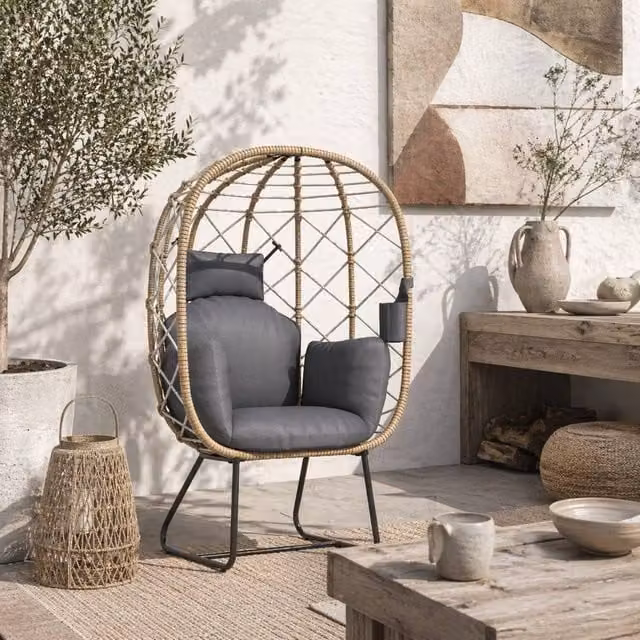 Wyld Haus Nepa Freestanding Rattan Egg Lounge Chair with Brown and Grey Cushions – 1