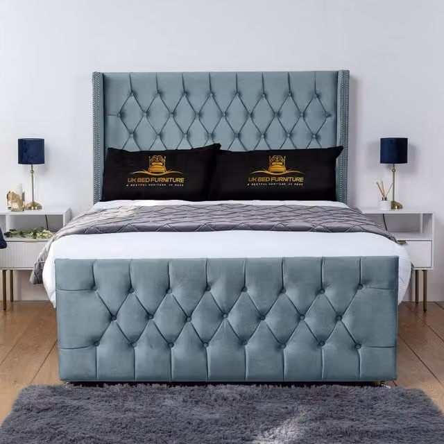 UK Bed Furniture Emily Wingback Divan Bed with 54 Inch Diamond Headboard in Light Blue, Double, W/D/H: 140 x 200 cm