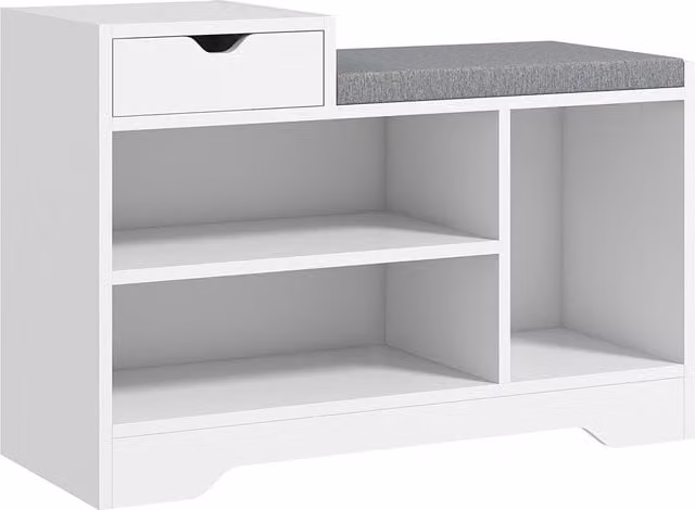HOMCOM White Upholstered Entryway Shoe Storage Bench with Drawer and 3 Open Shelves – 1