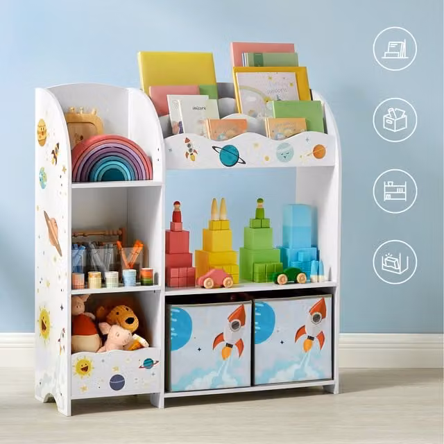 SONGMICS Kids Book and Toy Organizer with Storage Boxes, White