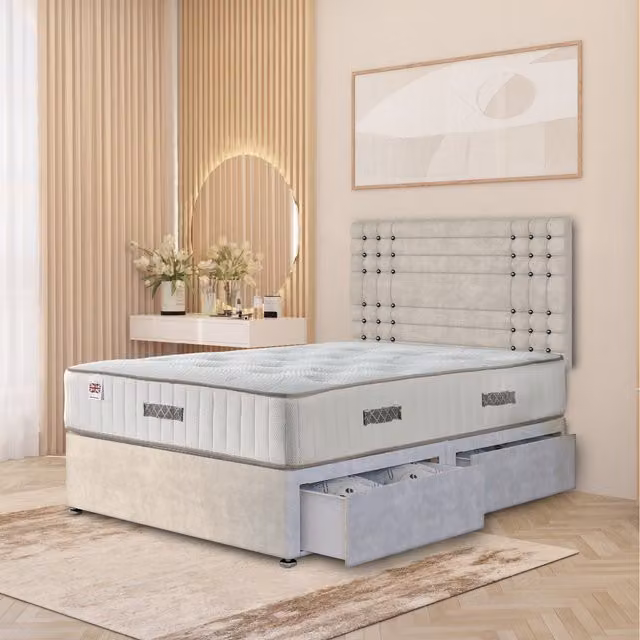 Somnior Beds Ltd Saville Plush Velvet Divan Bed Set with Headboard and Drawers, Silver, W/D/H: 180 x 200 cm