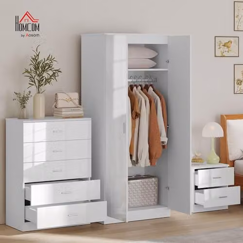 HOMCOM 3 Piece High Gloss Modern Bedroom Furniture Set in White