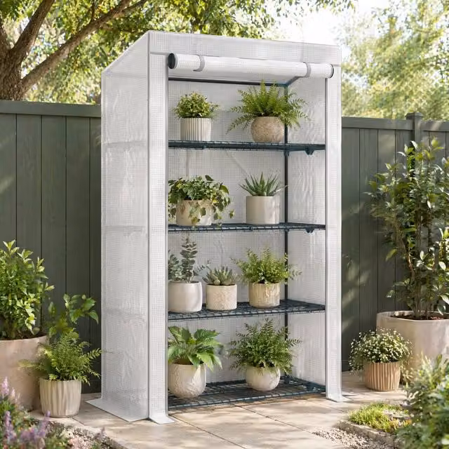 STILVORA 4 Tier Mini Greenhouse with Roll-Up Door in Grey