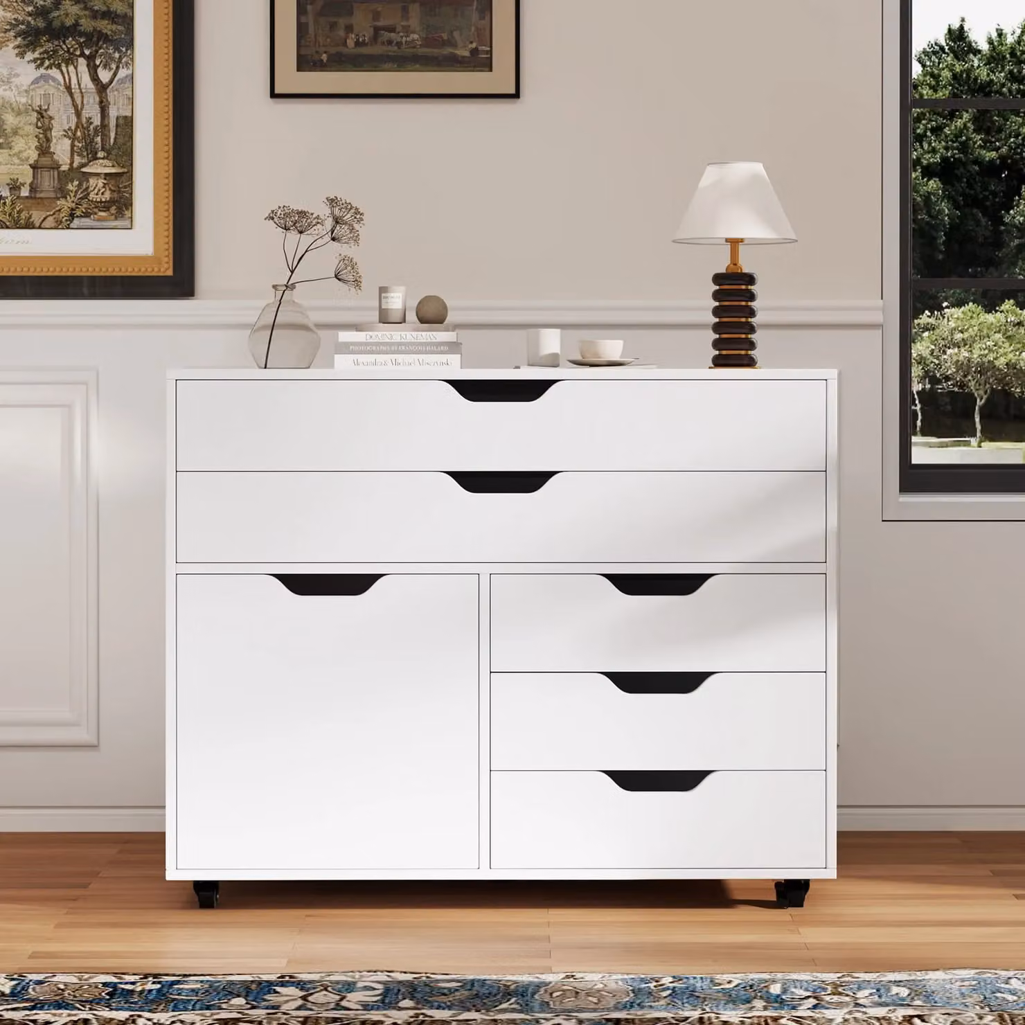 Costway Mobile 5-Drawer Chest with Door and Casters in White – 4