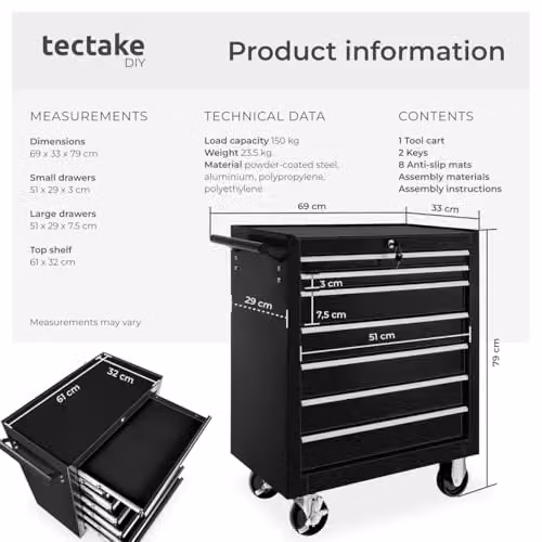 tectake Lockable Rolling Tool Chest with 7 Drawers in Black Steel – 7