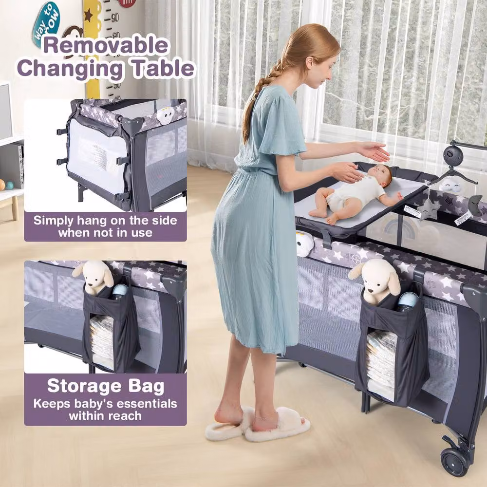 Costway 3 in 1 Foldable Baby Activity Center Playpen with Diaper Changing Table, Grey – 5
