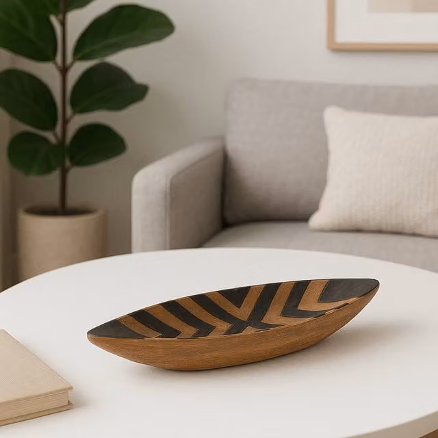 Orsina Bantu Tribal Geometric Wooden Oval Bowl in Brown or Black
