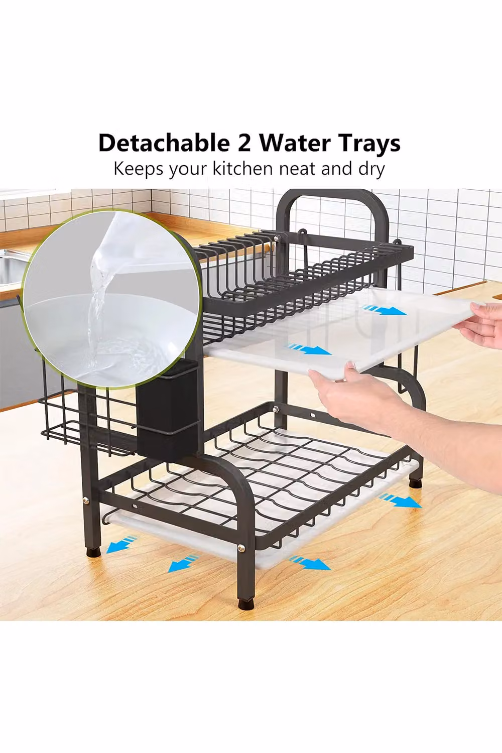 Living and Home 2-Tier Steel Dish Drainer Rack with Cutlery Holder and Drip Tray, Black – 3