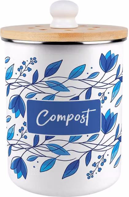 Purely Home Blue Petals Metal Compost Caddy with Flip Lid, 2L, Blue and Multicolour