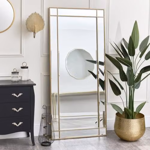 Melody Maison Art Deco Rectangular Wall or Leaner Mirror in Gold, W: 80 cm, H: 180 cm
