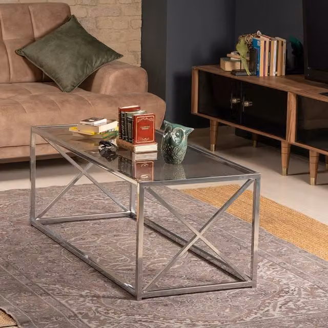 Geises Modern Square Glass and Metal Coffee Table in Silver with X-Frame Design