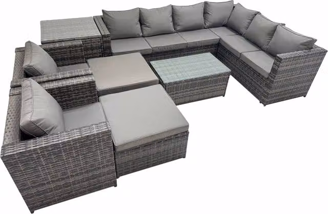 Fimous 10-Seater L-Shape Rattan Garden Sofa Set in Dark Grey Mixed with Powder Coated Steel Frame and Weather Resistant Cushions