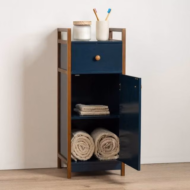 Scottish Everlastings Ltd Small Navy Blue Freestanding Bamboo Bathroom Unit with Hinged Doors and Internal Shelves – 1