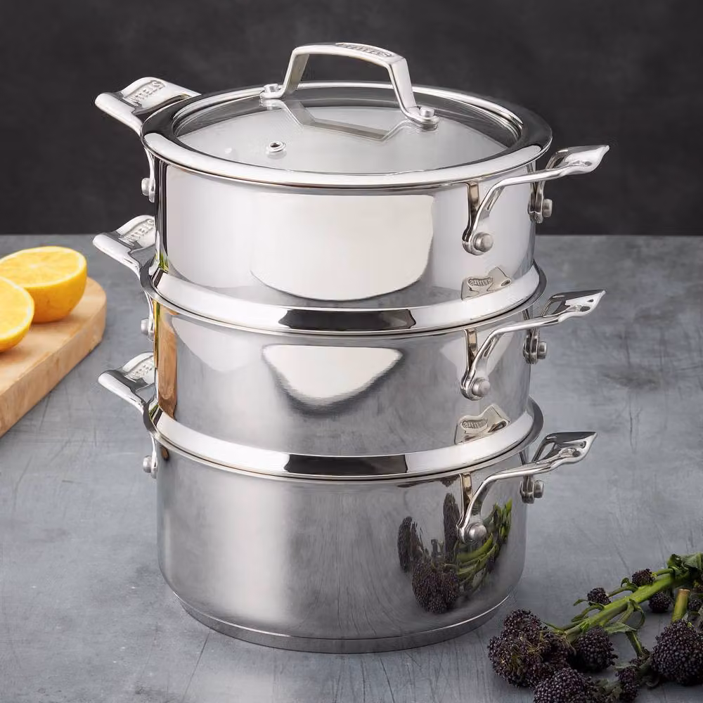 Stellar 3 Tier Stainless Steel Steamer Set in Silver with 18cm Base Pan, Steamers and Lid – 6
