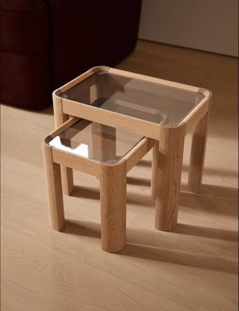 M&S Ember Modern Nest of Side Tables in Oak and Glass