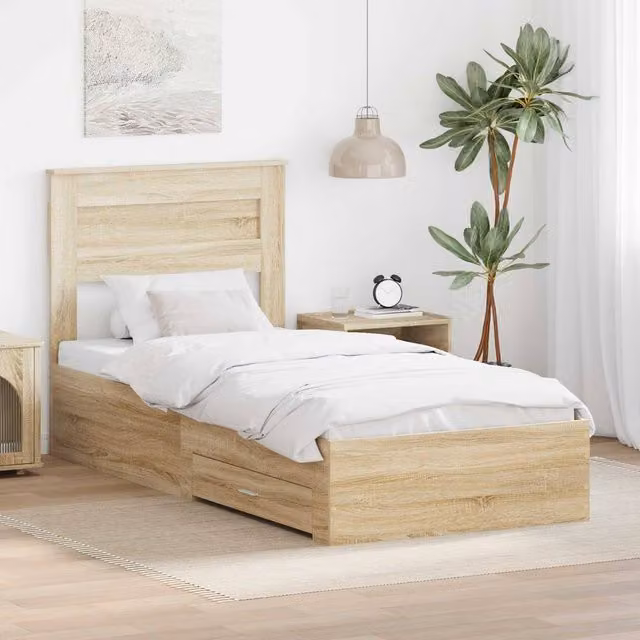 Berkfield Home Sonoma Oak and Silver Bed Frame in Brown, Engineered Wood, W: 75 cm, L: 190 cm