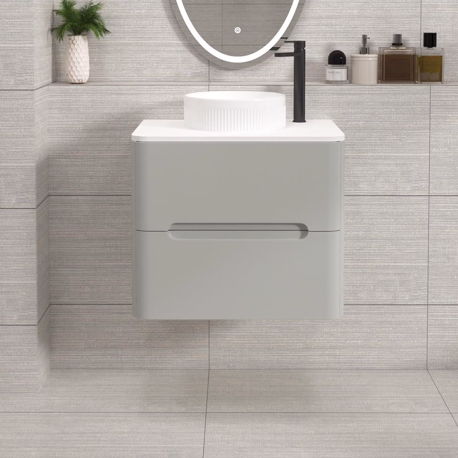 Royal Bathrooms Venice Wall Hung Vanity Unit in Dove Grey with Plain White Worktop and Round Basin