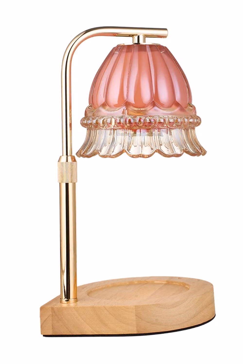 H&O Direct Height Adjustable Dimmable Candle Warmer Lamp in Pink with Gold and Wood Accents – 3
