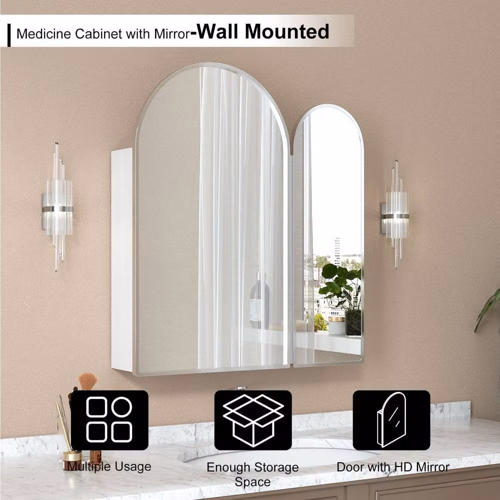 KEEPREAPER Arched 2-Door Bathroom Mirror Cabinet in Silver, W: 60 cm, H: 70 cm – 2