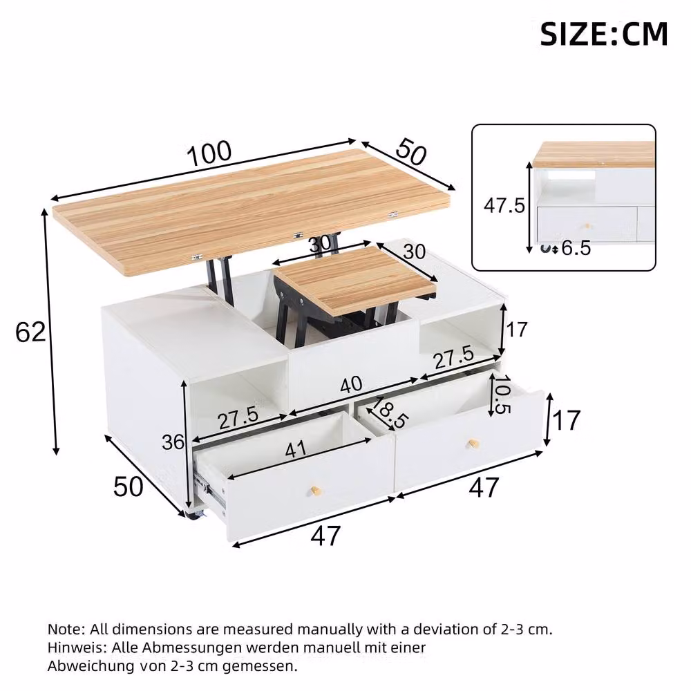 BTM Lift Top Coffee Table with Castors and Height Adjustment, White and Brown – 4