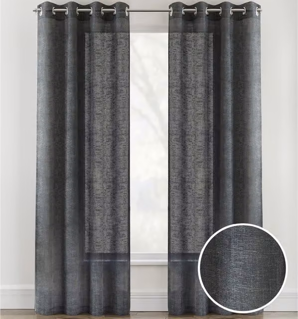 Tyrone Textiles Pair of Plain Eyelet Sheer Linen-Look Voile Panels in Charcoal Grey
