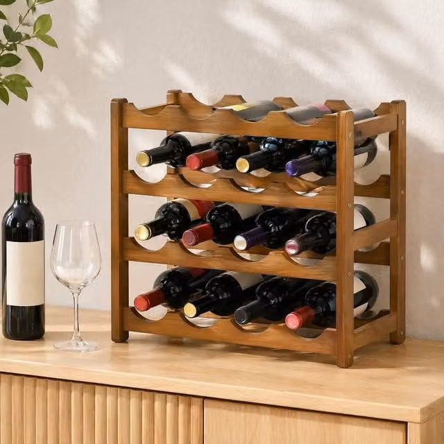 STILVORA 4 Tier Brown Lacquered Bamboo Wine Rack for 16 Bottles