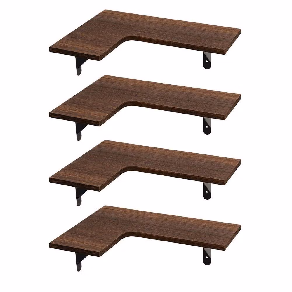 PAWNORA 4 Piece Industrial Wall Mounted Corner Storage Shelves in Brown Metal and Wood – 4
