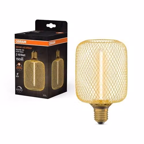 Osram Decor Square LED Lamp with Straw Filament, Warm White 1800 K, 3.5 W, E27, Dimmable, Transparent Gold/Brass, Diameter: 100 mm
