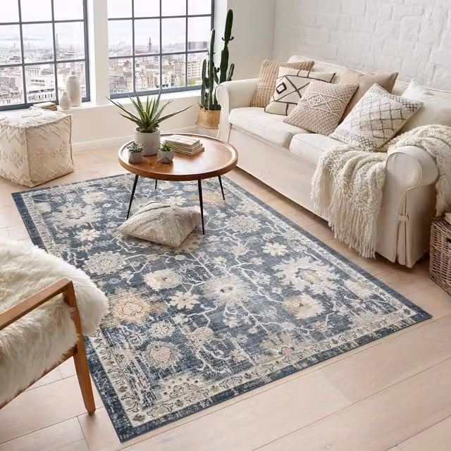 Desire Rugs Maia Traditional Floral Machine Woven Washable Non Slip Area Rug, Blue, Width: 240 cm