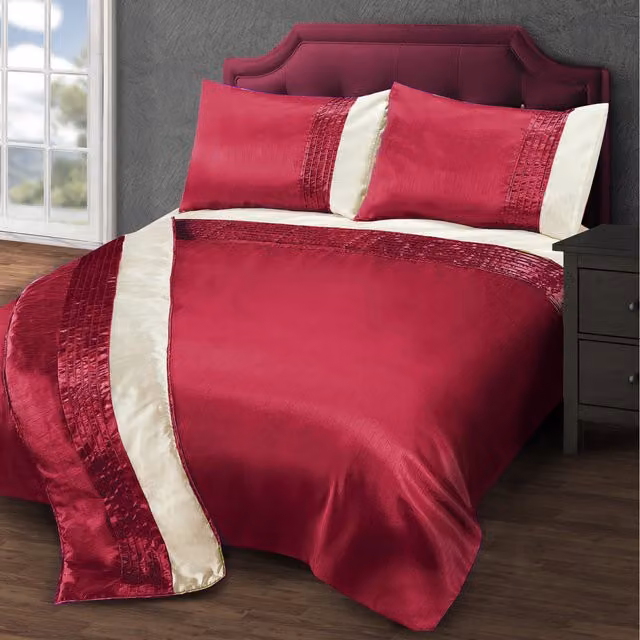 Intimates Perez Satin Pleated Faux Silk Duvet Cover and Pillowcase Set, Burgundy and Beige, Single