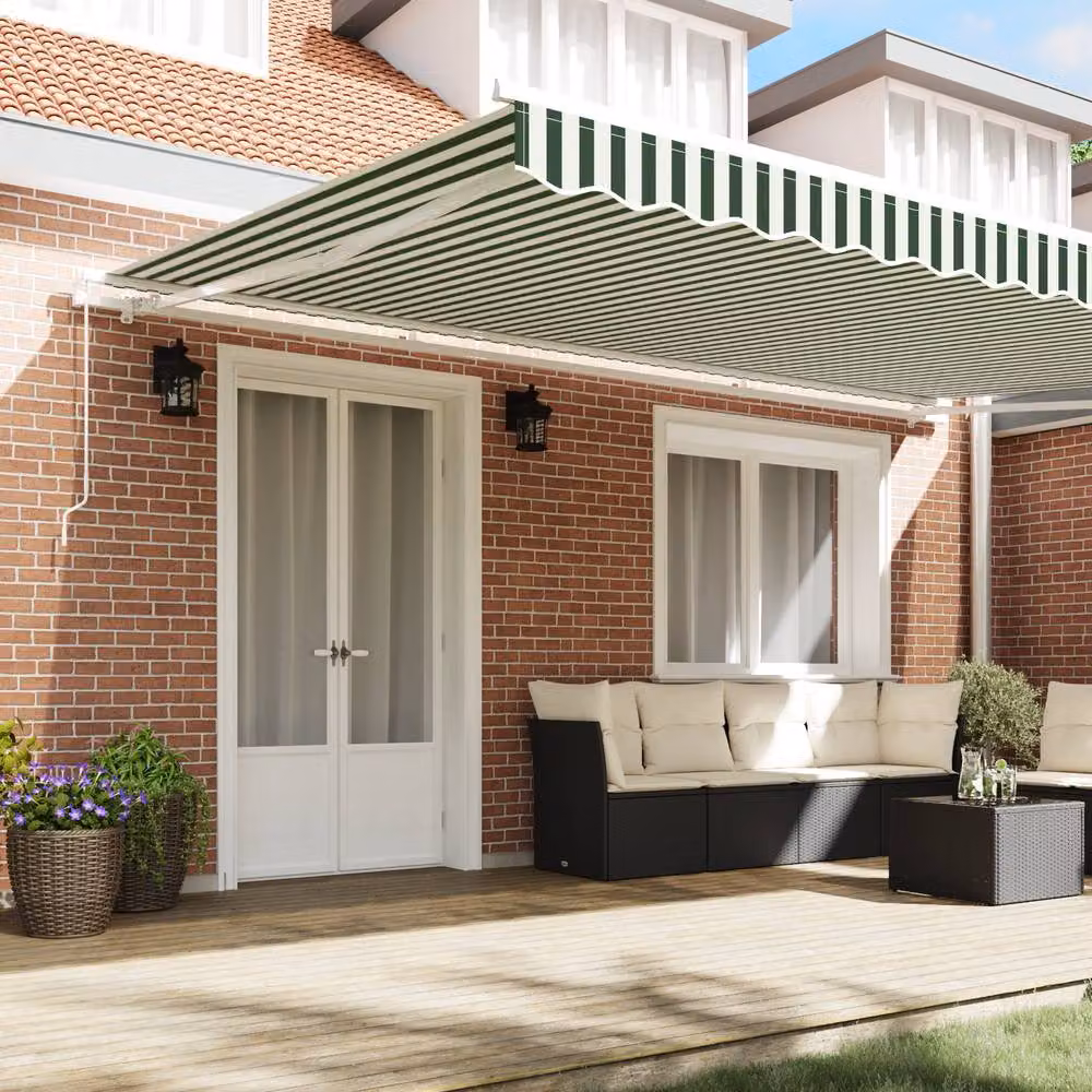 Berkfield Home Manual Retractable Wall-Mounted Awning in Green and White Striped Polyester, W: 500 cm, D: 300 cm – 3