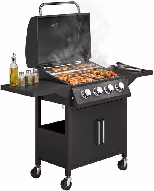 Rolipo 4 Burner Gas BBQ Grill Trolley with Cabinet and Thermometer in Black